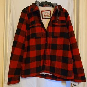 Levi's Mens Plaid Sherpa Lined Hooded‎ Shirt Jacket Small Red Buffalo